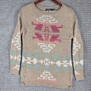 Lauren Ralph Lauren Southwestern Aztec‎ Knit Sweater Medium Tan Cotton Linen